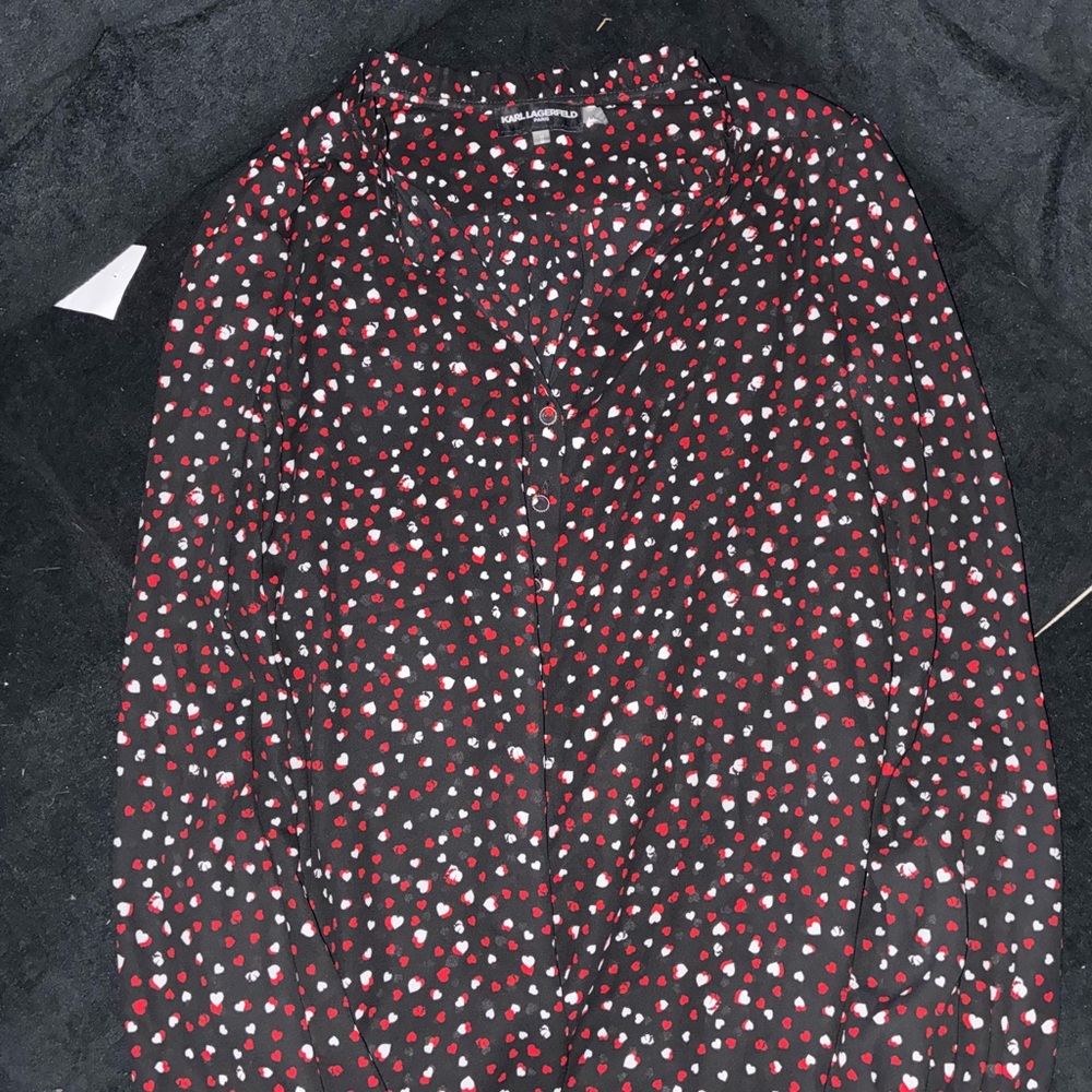 Karl Lagerfeld Black Top with Red and White Heart Pattern